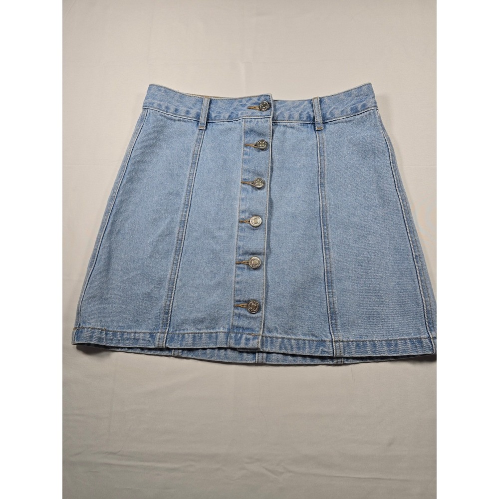 Forever 21 Womens Light Wash Denim Button Front A-Line Mini Skirt Small Blue‎